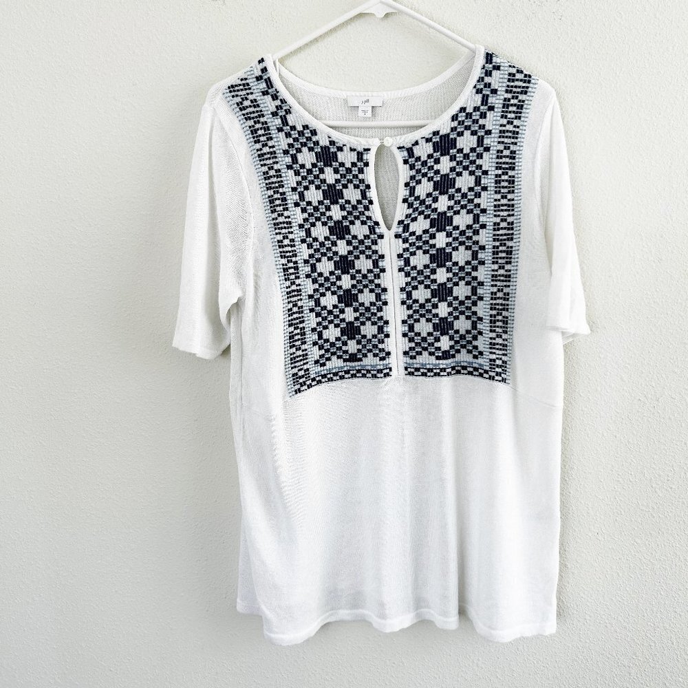 J Jill Sweater Tunic Top Size M Blue White Embroidered‎ Knit Linen Blend Aztec
